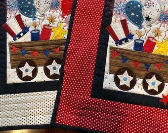 Patriotic Table Runner, Embroidered and Appliqued. 42 x 15 inches.  Two border colors.  Ready to ship.