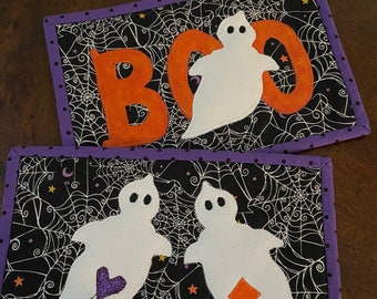 Halloween Ghost Mug Rugs, Appliqued, Quilted and Embroidered,  2 Variations, Ghost with Boo, and Two Ghosts with patches