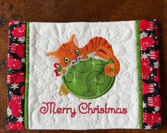 Embroidered Quilted Kitty Merry Christmas Mug Rug.  5x7 inches