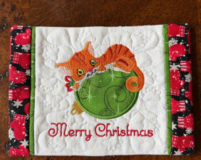 Embroidered Quilted Kitty Merry Christmas Mug Rug.  5x7 inches