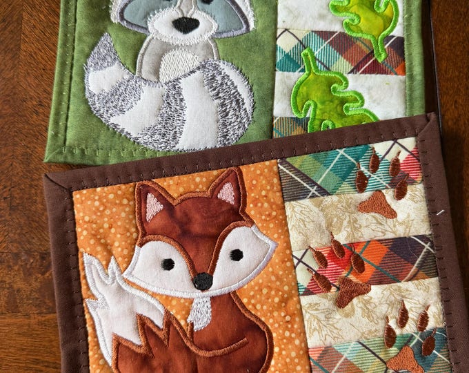 Animal Mug Rugs or coasters, Quilted, Appliqued, Woodland Creatures, Raccoon and Fox, 5x7 inches