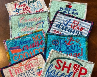 Cruise Mug Rugs or Coasters,  Various Sayings, Size (5x7) inches, Quilted, Embroidered, Bon Voyage