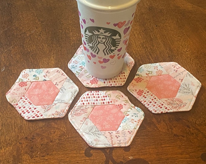 Hexagon Coasters, Quilted  (set of 4), Quilted, Pink, Floral