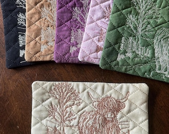 Highland Cow Mug Rug or Coaster in six colors.  5 x 7 inches.  Sold separately.  Embroidered and quilted.  Ready to ship