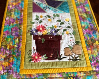 Flower Table Runner, Approximately 17 x 44 inches.  Quilted and Embroidered, Ready to ship