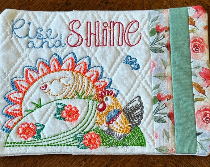 Inspiration, Mug Rug Coaster, "Rise and Shine" .  5 x 7 inches.  Quilted and Embroidered, Ready to ship