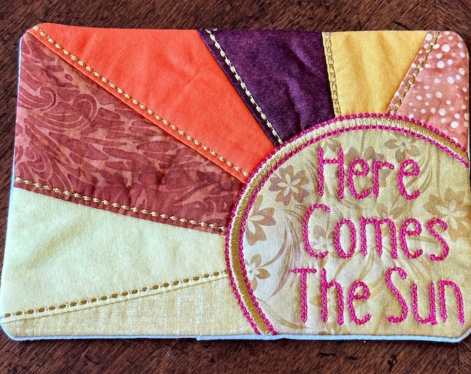 Mug Rug Coaster, "Here Comes the Sun" .  5 x 7 inches.  Quilted and Embroidered, Ready to ship