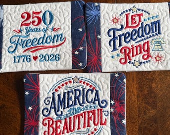 Patriotic Mug Rugs/Costers.  Approximately 5 x 7 inches.  Embroidered and quilted.