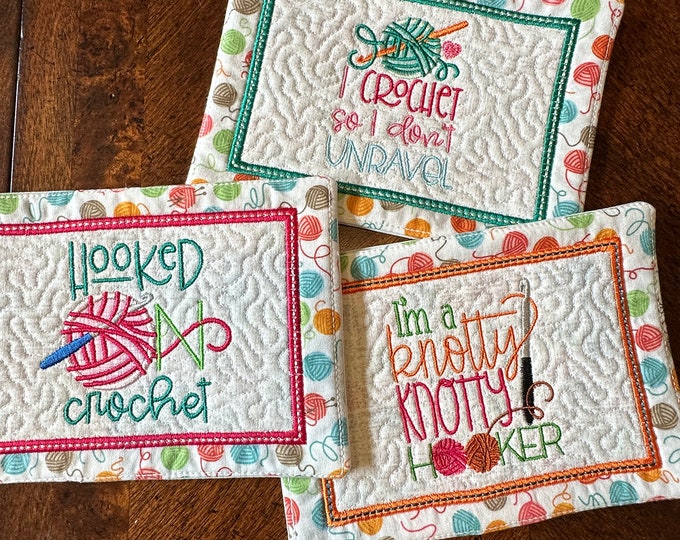 Mug Rug, Coaster, crochet.  Approximately 5 x 7, Crocheting phrases,  Quilted and embroidered