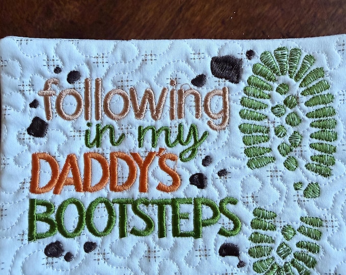 Daddy's Bootsteps Mug Rug/Coaster.  5x7 inches.  Embroidered and Quilted.