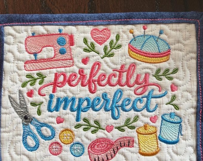 Sewing Mug Rug/Coaster.  Embroidered and Quilted.  Approx.  5 x 7 inches