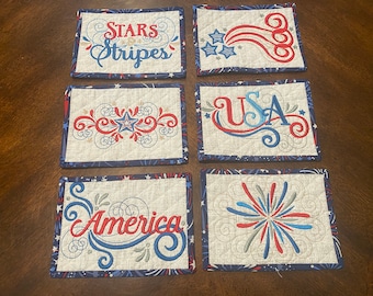 Patriotic Mug Rugs, 4th of July Embroidered, Quilted (5x7)