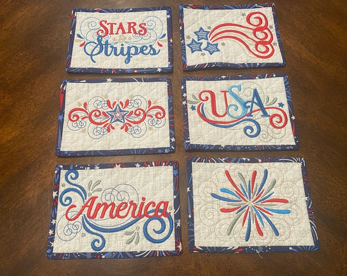 Patriotic Mug Rugs, 4th of July Embroidered, Quilted (5x7)