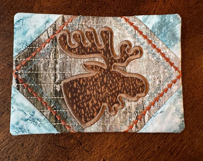 Moose, Mug Rug, Coaster.  Approximately 5 x 7 inches.  Quilted and Embroidered.  Ready to Ship