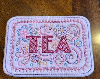 Tea Doodle Mug Rug or Coaster:  Quilted and Embroidered.  5x7 inches