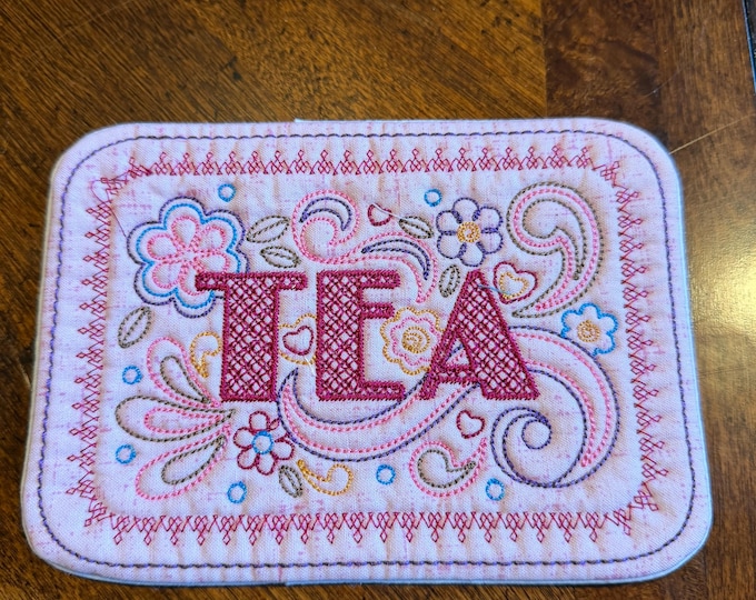 Tea Doodle Mug Rug or Coaster:  Quilted and Embroidered.  5x7 inches