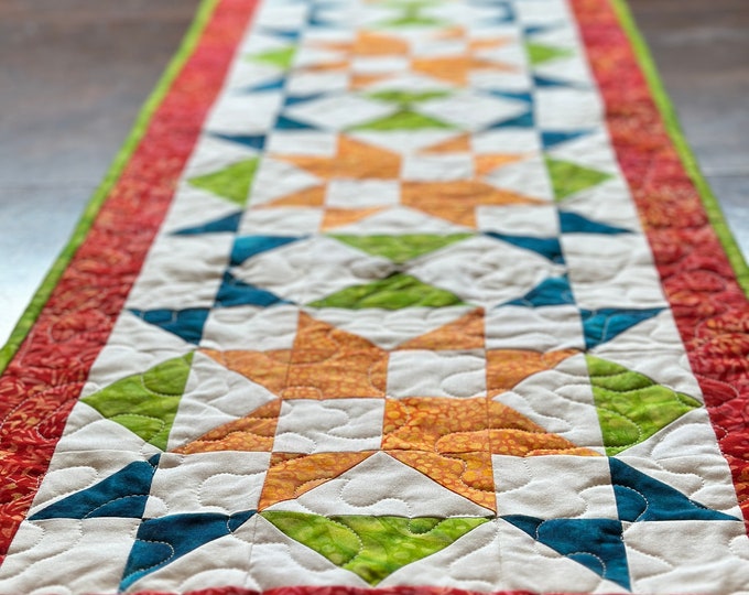 Table Runner, Batiks, Quilted.  Approximately:  51 x 16 inches.  Orange, Green and Blue