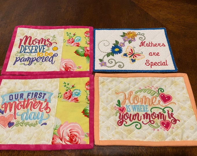 Mug Rug Mother's Day  in various designs.  (5x7 inches).Embroidered, Quilted, Appliqued