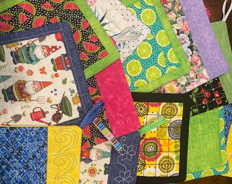 Pot Holders, Quilted, Embroidered, Square, 8x8.  Various designs and Colors
