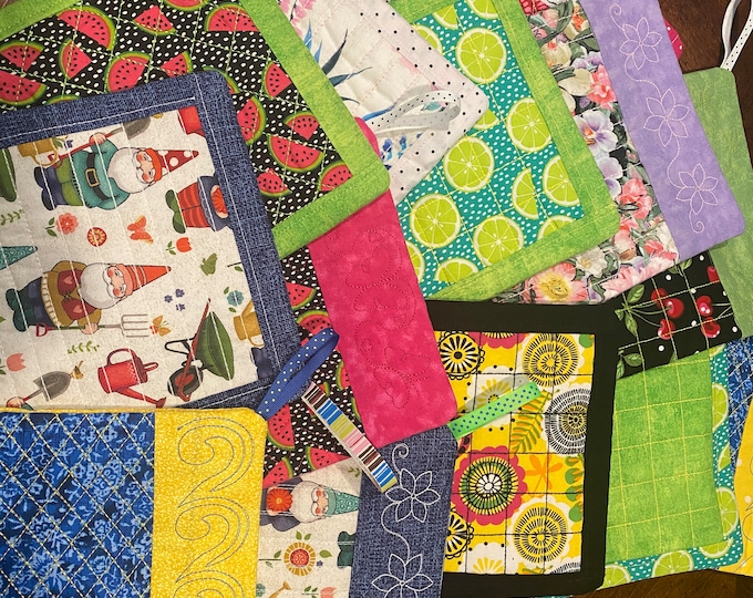 Pot Holders, Quilted, Embroidered, Square, 8x8.  Various designs and Colors