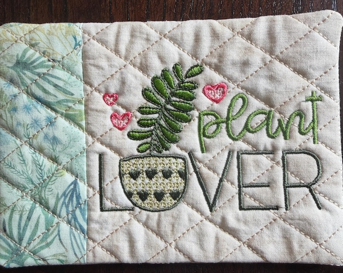 Plant Lover Mug Rug/Coaster.  Embroidered and Quilted.  Approx.  5 x 7 inches