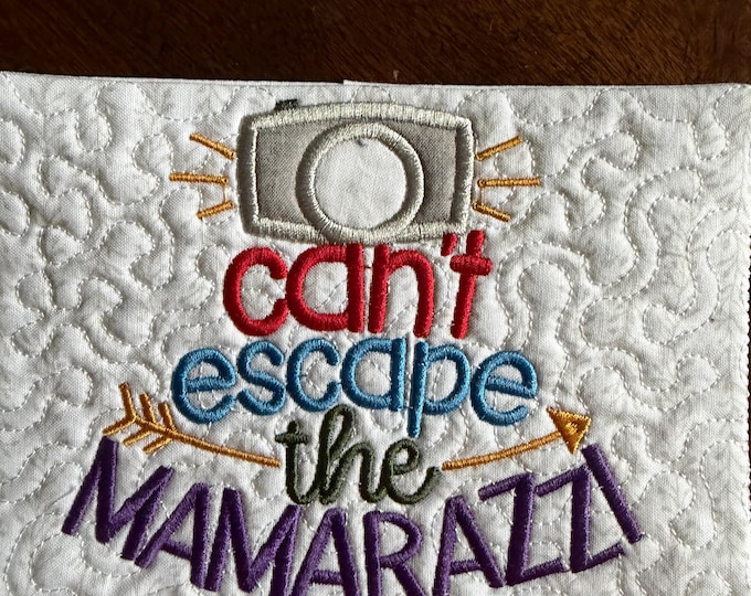 Mamarazzi  Mug Rug/Coaster.  Embroidered and Quilted.  Approximately 5 x 7 inches