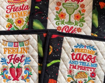 Fiesta Time Mug Rug/Coaster.  Embroidered and Quilted.  Approx.  5 x 7 inches
