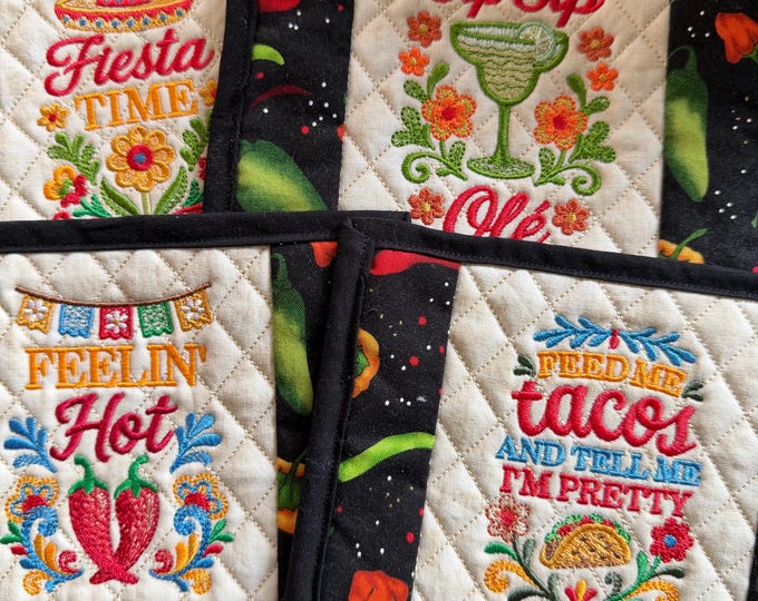 Fiesta Time Mug Rug/Coaster.  Embroidered and Quilted.  Approx.  5 x 7 inches