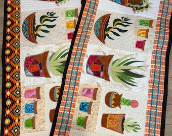 Succulent Cacti Table Runner: Embroidered Quilted Panels, 17.5 x 45 Inches