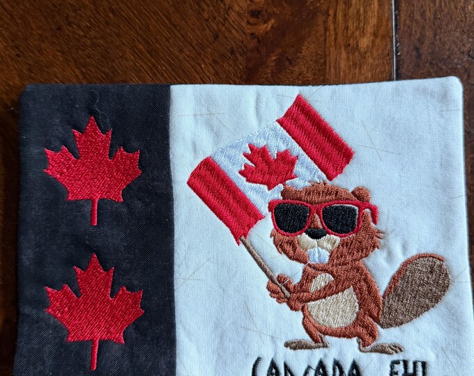 Canada Beaver Mug Rug, Embroidered ,Quilted Coaster (5x7 inches)