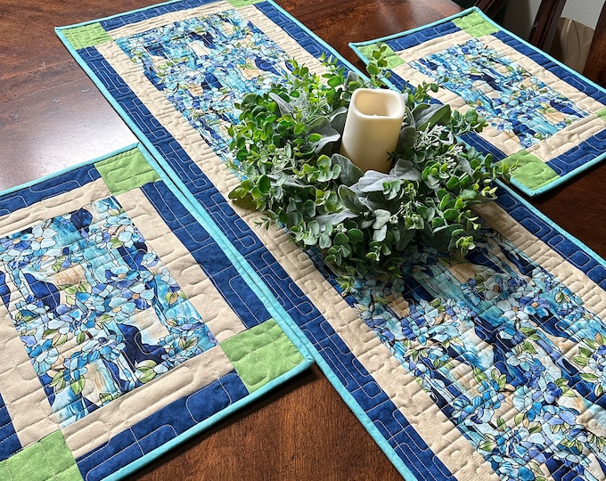 Table Runner, Placemats, Stained Glass Look, Sold Separately, Blues, Cream and Greens