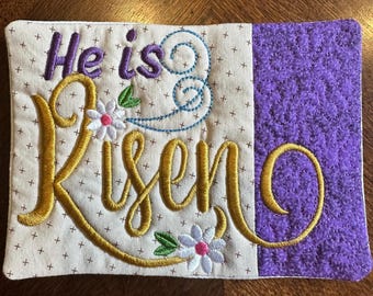 He is Risen Easter Mug Rug.  Approximately 5 x 7 inches.  Embroidered. Ready to Ship