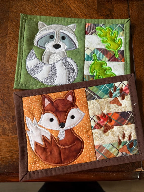 Animal Mug Rugs or coasters, Quilted, Appliqued, Woodland Creatures, Raccoon and Fox, 5x7 inches