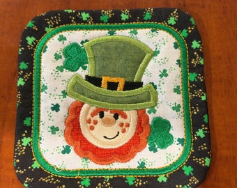 Leprechaun Coaster/Mug Rug.  5x5 inches.  Appliqued, Quilted and Embroidered.