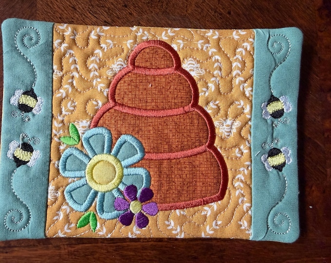 Behive Mug Rug or Coaster.  Approximately 5 x 7 inches.  Embroidered and quilted.