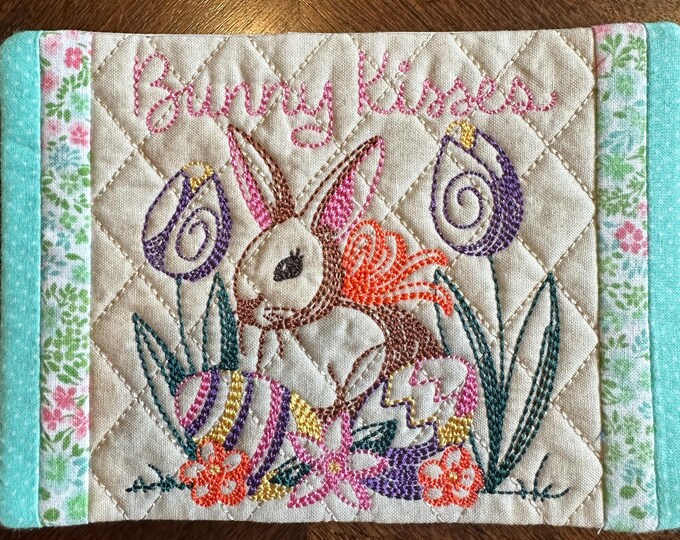 Bunny Kisses Easter Mug Rug.  Approximately 5 x 7 inches.  Embroidered. Ready to Ship