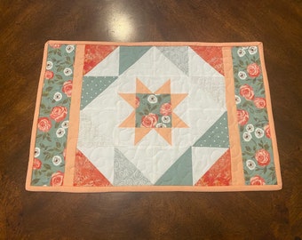 Placemat (12 1/2 x 19 inches) , Peach and Green,  Flowers Placemat, Quilted,  Spring and Summer, Triangles and stars (sold separately)