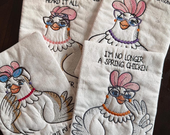 Betty Chicken Mug Rug/Coaster.  Embroidered.  Approx.  5 x 7 inches