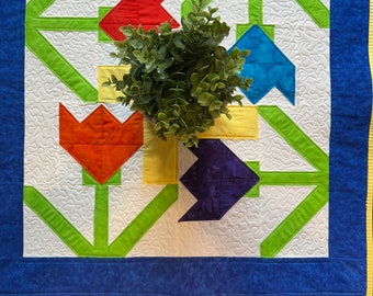 Springtime Table Topper with Tulips.  Approximately 28 inches square.  Quilted.