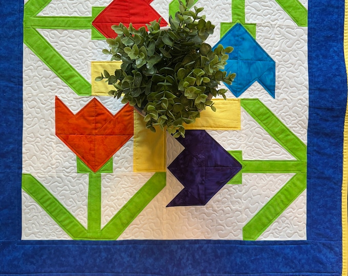Springtime Table Topper with Tulips.  Approximately 28 inches square.  Quilted.