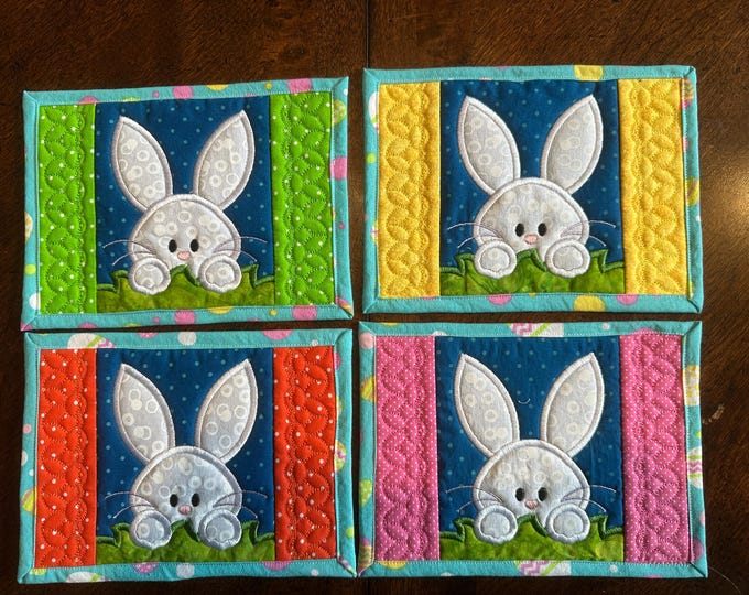 Peeking Bunny Easter Mug Rug in 4 border colors.  Approximately 5 x 7 inches.  Quilted and embroidered.  Sold Separately.  Ready to ship