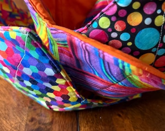 Bowl Cozy, Bowl Buddy.  Microwave Safe, Reversible, Rainbow colors.