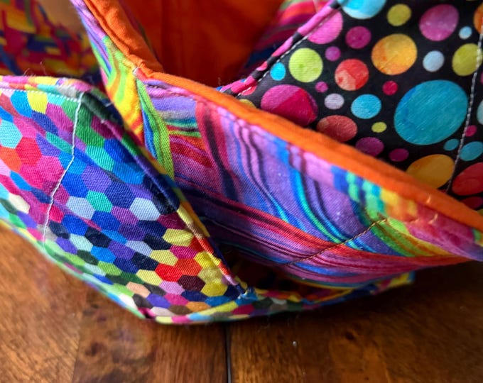 Bowl Cozy, Bowl Buddy.  Microwave Safe, Reversible, Rainbow colors.