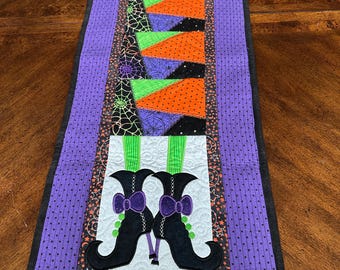 Embroidered Witch Feet Halloween Quilted Table Runner