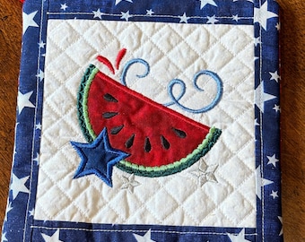 Patriotic Pot Holders, Watermelon and flourishes embroidered and quilted