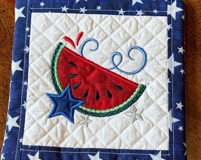 Patriotic Pot Holders, Watermelon and flourishes embroidered and quilted