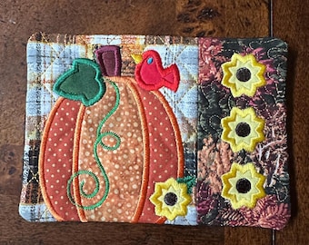 Pumpkin Sunflower Mug Rug for Autumn.  Approximately 5 x 7 inches.  Ready to ship
