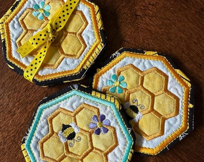 Honeycomb Bee Coaster.  Set of 2. Approximately 3 1/2 inches.  Embroidered and appliqued. Ready to ship