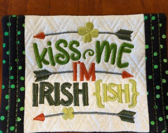 St Patrick's Day Mug Rug/Coaster.  5x7 inches.  Quilted and Embroidered.