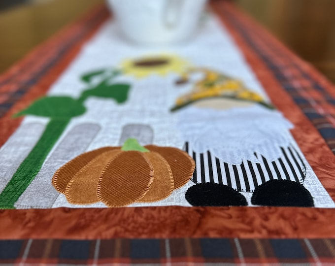 Fall/Autumn Table Runner, Gnome with a sunflower panels.  Approximately 16.5 by 42 inches.  Quilted and Appliqued.